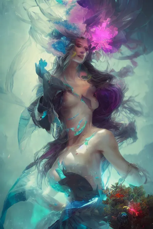 Prompt: beautiful girl necromancer covered with crystals exploding rainbow, 3 d render, hyper realistic detailed portrait, holding magic leaves, ruan jia, wlop. scifi, fantasy, hyper detailed, octane render, concept art, peter mohrbacher