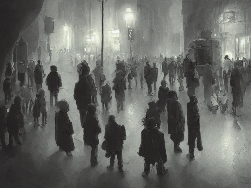 Prompt: few people waiting in a bus stop in dark city night, artstation, cgsociety, high quality, detailed, high resolution, in the style of shaun tan