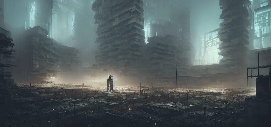 Image similar to view from the courtyard ground of a giant abandoned ruined blocky brutalist cyberpunk structure, dramatic fog, radiosity, shimmer, cinematic lighting, ultra detailed, sharp, ambient occlusion, raytracing, 3 d artstation render by bastien grivet, finnian macmanus and jessica rossier