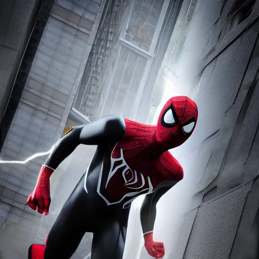 Image similar to black spider - man suit with white web lining, cinematic, volumetric lighting, realistic, hyperdetailed, photorealistic, photograph