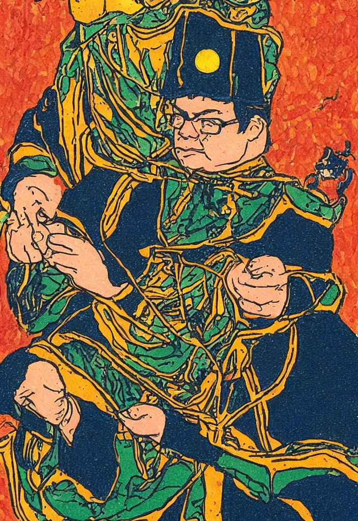 Prompt: Yann LeCun on a tarot card, illustrated on the Rider–Waite tarot.