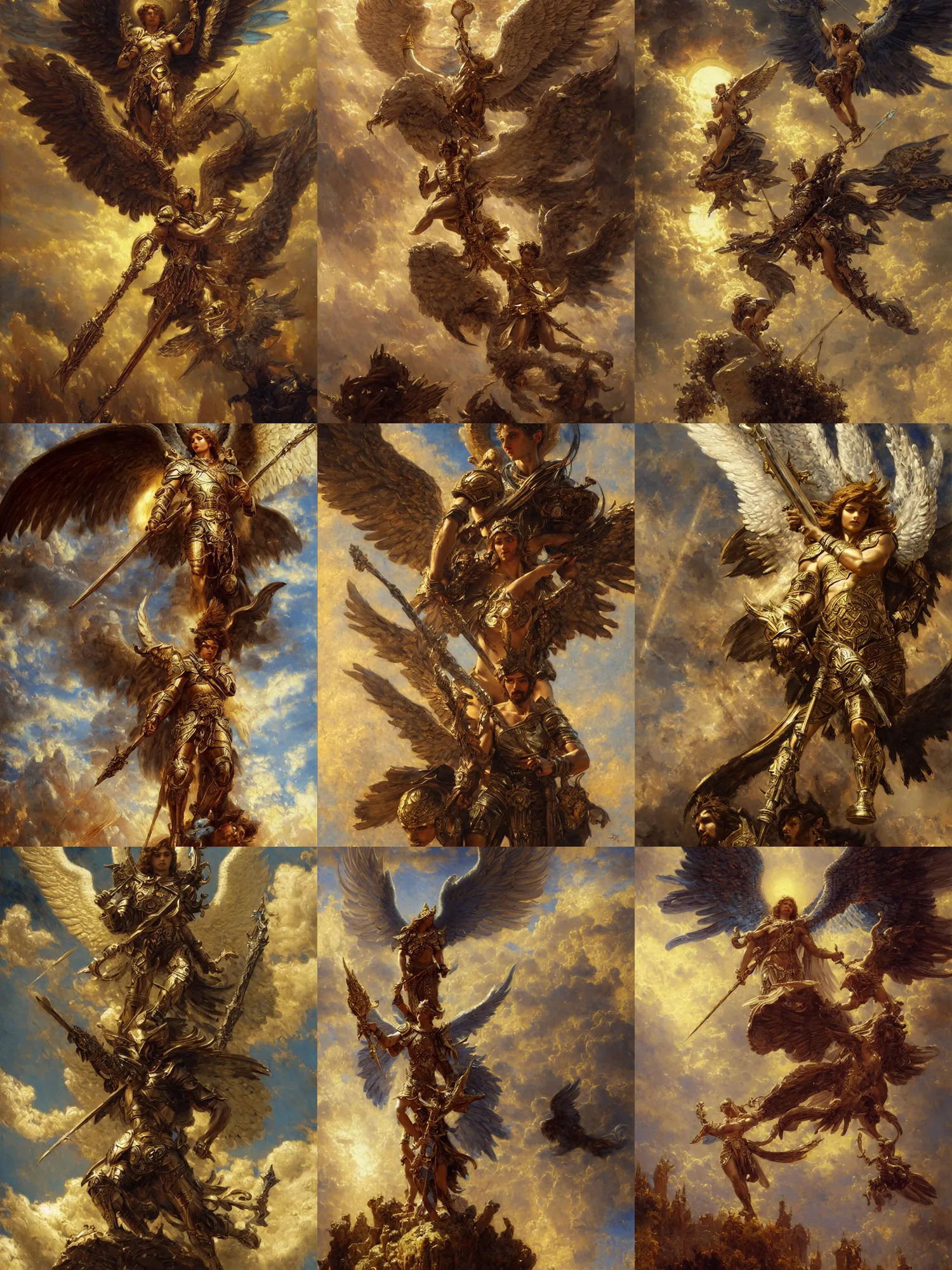 Prompt: saint michael the angel, guarding the world from evil. highly detailed painting by gaston bussiere, greg rutkowski 8 k, detailed face, heavily detailed, wonderful masterpiece