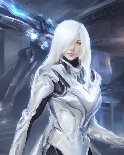 Image similar to perfect white haired girl, warframe armor, beautiful, dreamy, half asian, pretty face, blue eyes, detailed, windy weather, scifi, utopian architecture, laboratory, 4 k, ultra realistic, epic lighting, cinematic, high detail, masterpiece, art by akihito tsukushi, akasuki voidstar