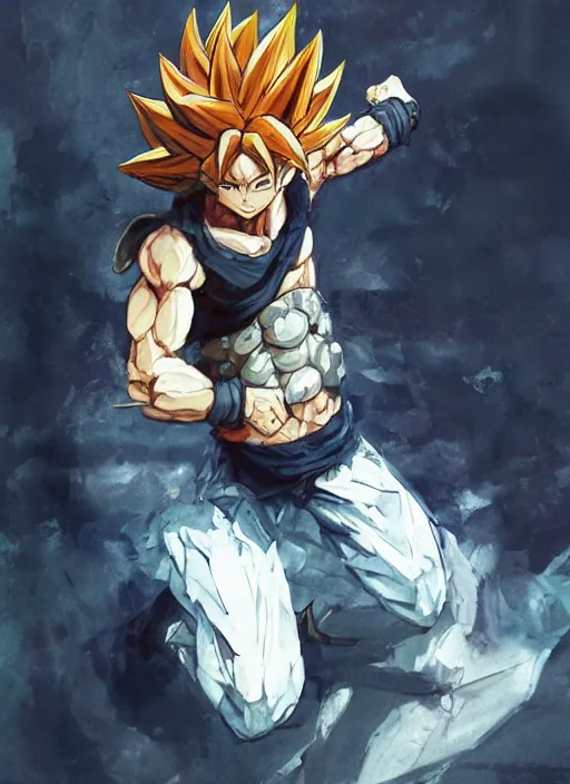 Image similar to semi reallistic gouache gesture painting, by yoshitaka amano, by Ruan Jia, by Conrad roset, by dofus online artists, detailed anime 3d render of gesture painting of Crono as a super Saiyan, young Crono blond, Crono, Dragon Quest, Crono, goku, portrait, cgsociety, artstation, rococo mechanical, Digital reality, sf5 ink style, dieselpunk atmosphere, gesture drawn