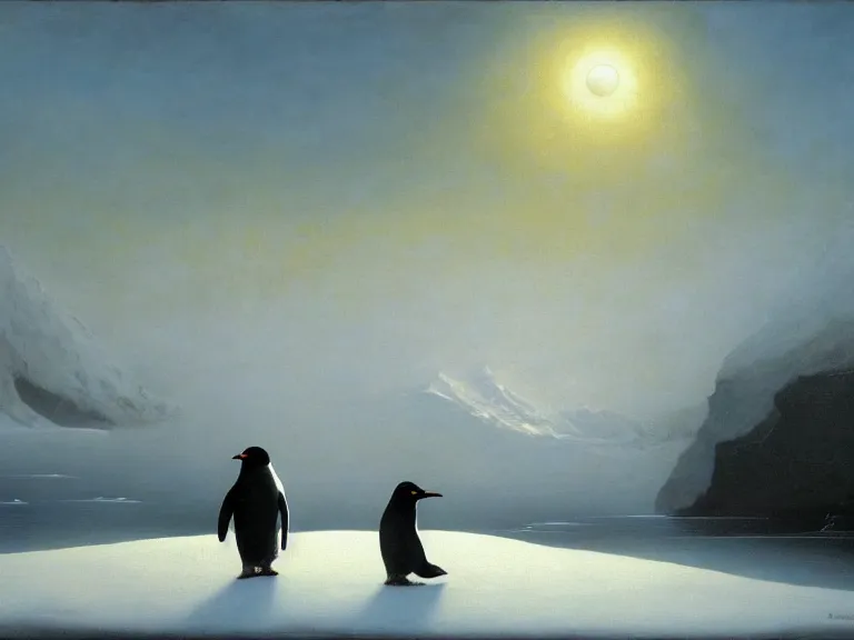 Image similar to an oil painting of a penguin next to a frozen ocean and a misty glacier at dawn. by beksinski tuomas korpi moebius and carl spitzweg. baroque elements. intricate artwork by caravaggio. oil painting. oil on canvas. award winning. dramatic. trending on artstation. 8 k