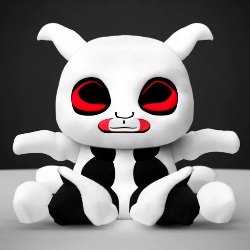 Image similar to cute fumo chibi plush imp, black and white with red hearts, mystery villain, midboss, soft shadow, vray, asymmetry