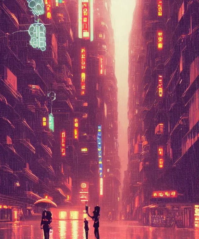 Prompt: big red robot waiting in street from paris or neo tokyo , humid ground, people and creatures walking holding neon ombrellas, volumetric light, bokeh light from top, science fiction elements, rainy mood, artstation, art by françois schuiten and moebius and pascal campion