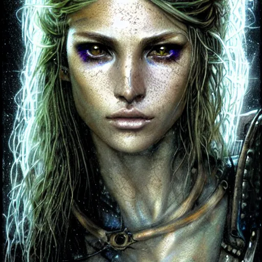 Image similar to an award finning closeup facial portrait by luis royo and john howe of a very beautiful and attractive female bohemian cyberpunk traveller aged 1 5 with green eyes and freckles in clothed in excessively fashionable cyberpunk gear and wearing ornate warpaint