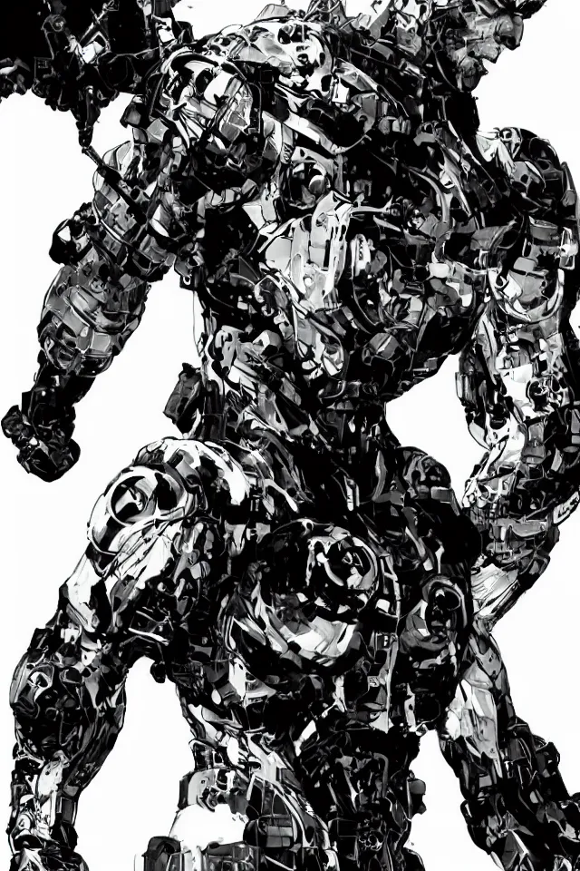 Image similar to a full - body portrait of cyborg ninja joe rogan, in yoji shinkawa's art style, metal gear solid art style, highly detailed, 4 k, artistic, white background, b & w