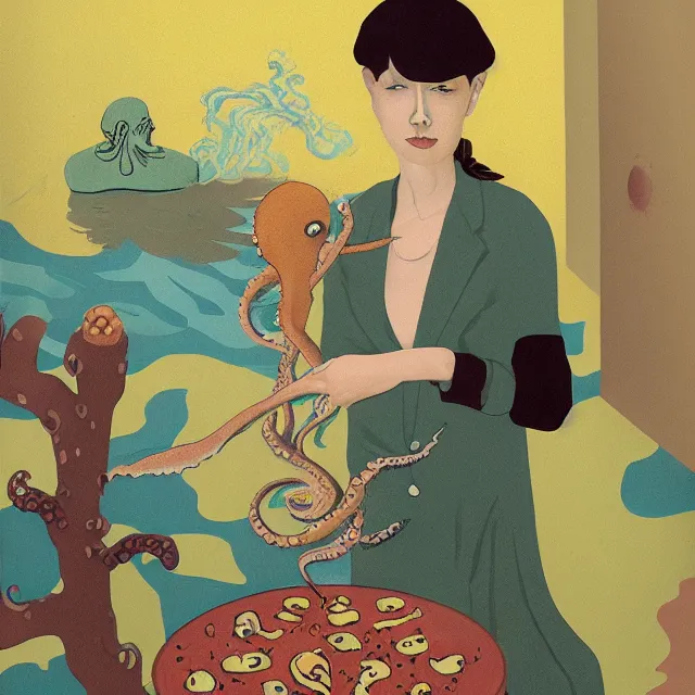 Image similar to tall female emo artist holding an octopus in a flooded cafe, bagels, pigs, water gushing from ceiling, painting of flood waters inside a cafe, a river flooding indoors, pomegranates, pigs, ikebana, water, octopus, river, rapids, waterfall, black swans, zen, canoe, berries, acrylic on canvas, surrealist, by magritte and monet