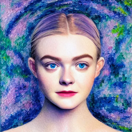 Image similar to professional painting of Elle Fanning in Halo 2 in the style of Henri-Edmond Cross, head and shoulders portrait, symmetrical facial features, smooth, sharp focus, illustration, intricate, stormy weather, extremely detailed masterpiece,