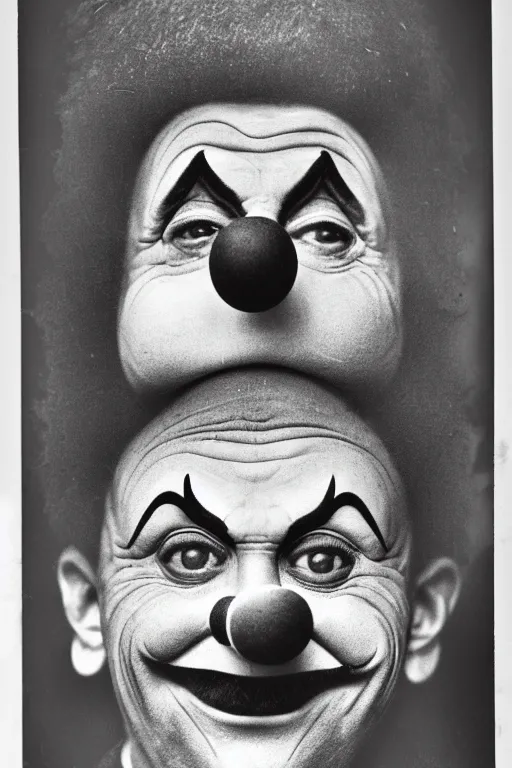 Image similar to old realistic photo of face of a clown, photograph, early 1 9 0 0's, black and whitehighly detailed, matte, sharp focus, smooth, sharp focus, illustration