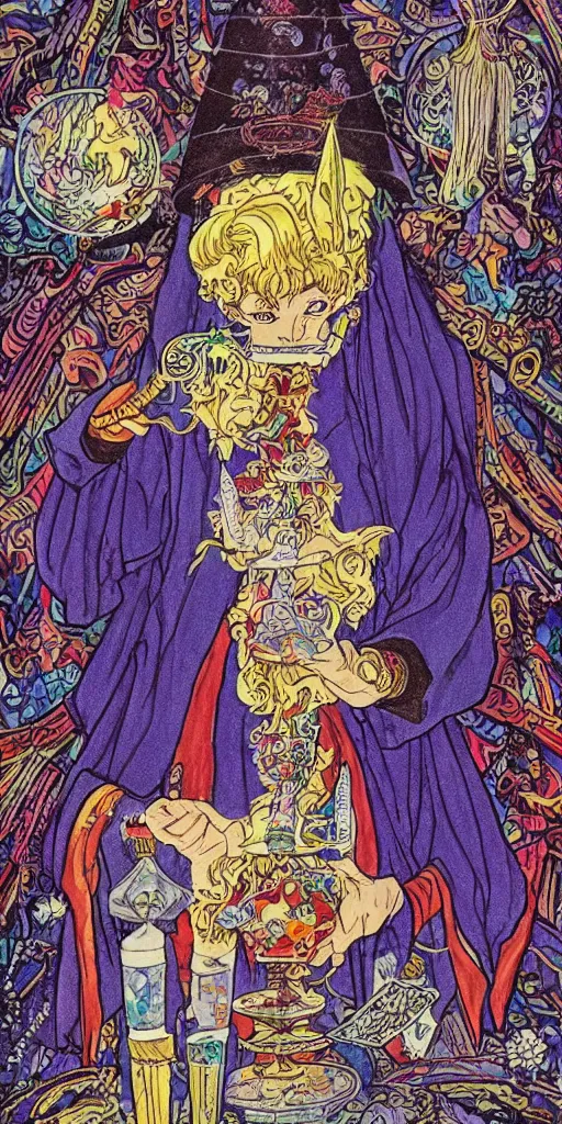 Image similar to a mystical man with a goblet on the table, wizard hat, drawn by Naoko Takeuchi, impressive line work, tarot card. tarot card the magician, psychedelic, intricate, detailed