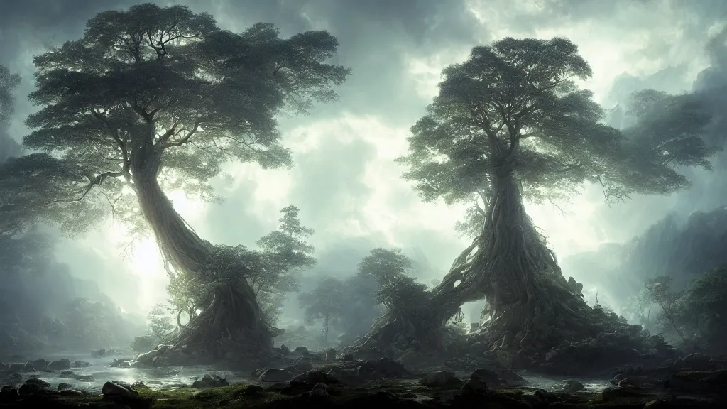 Image similar to the great elven tree. andreas achenbach, artgerm, mikko lagerstedt, zack snyder, tokujin yoshioka