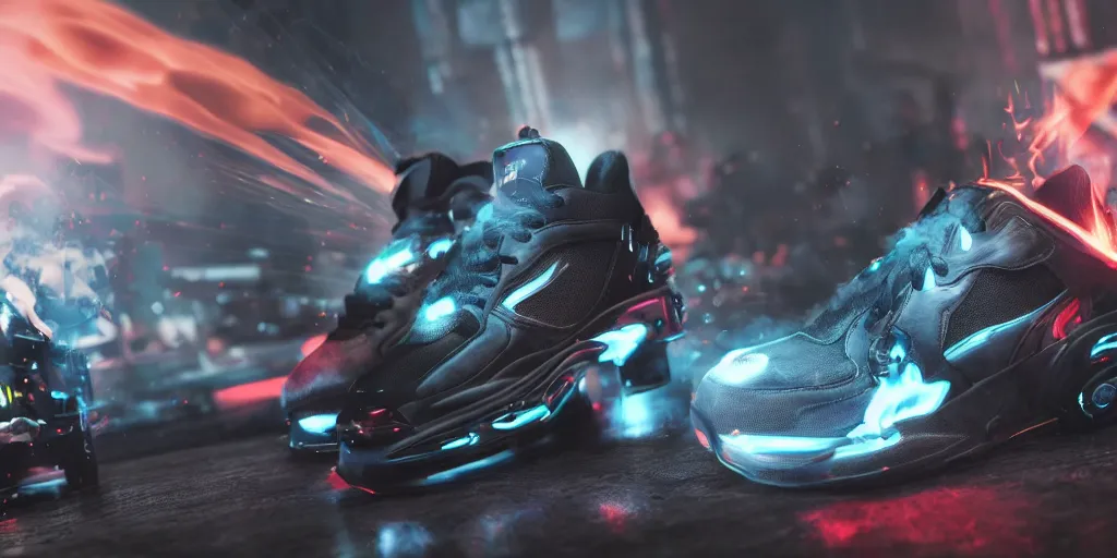Prompt: sneakers with jet engines at the heels and flames coming out of them, cyberpunk, 4 k render, pair, detailed