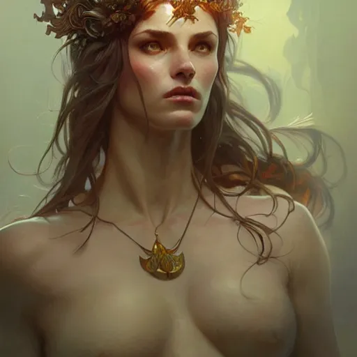 Image similar to portrait of forest gog, female, clear face, masculine, upper body, muscular, fantasy, intricate, elegant, highly detailed, digital painting, artstation, concept art, matte, sharp focus, illustration, art by artgerm and greg rutkowski and alphonse mucha