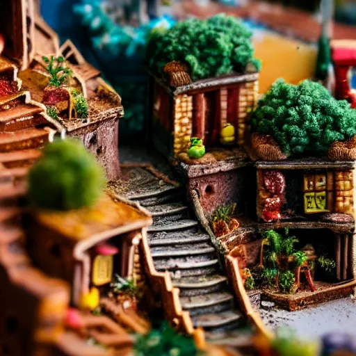 Image similar to macro photo of a miniature secret hidden world with tiny buildings and people inside of a lasagna