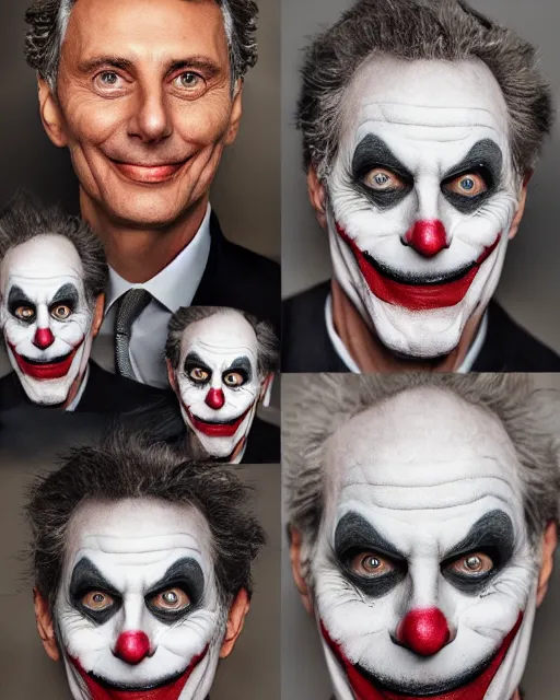 Image similar to Mauricio Macri in Elaborate Joker Makeup and prosthetics designed by Rick Baker, Hyperreal, Head Shots Photographed in the Style of Annie Leibovitz, Studio Lighting, Mauricio Macri throwing cats to the camera