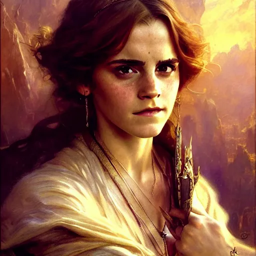 Image similar to emma watson as stunning female master wizard, highly detailed painting by gaston bussiere, craig mullins, j. c. leyendecker, 8 k