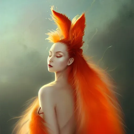 Prompt: prompt A beautiful portrait of a white red orange kumiho, translucent silky dress in the style of peacock feathers, close up, long clumpy hair in the shape of fox tail, backlit, concept art, matte painting, by Peter Mohrbacher