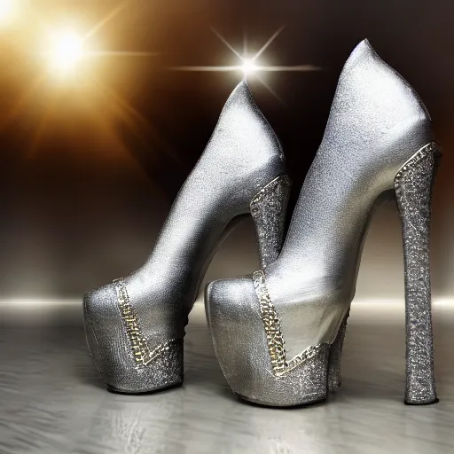 Prompt: medieval silver high heels, photoshoot, photography, 4 k, hyper realistic