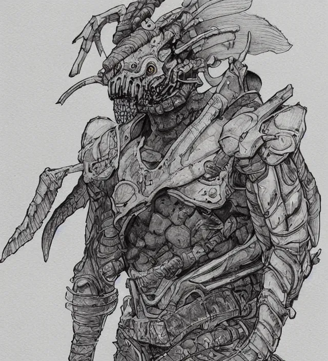 Image similar to a 3 / 4 view watercolor ink painting of human / deathclaw hybrid as a raider / bandit in the style of jean giraud in the style of moebius trending on artstation deviantart pinterest detailed realistic hd 8 k high resolution