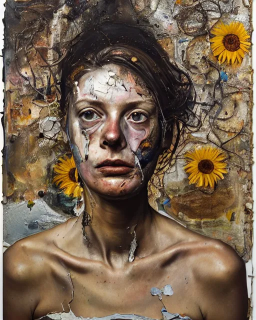 Image similar to a full length portrait of a very ordinary young woman with a troubled expression, Anselm Kiefer and Lucian Freud and Jenny Saville, oil painting, rust, Scaffolding, rusted metal and sunflowers, iron cladding, decay, mixed media, textured, anatomically correct, beautiful perfect face, visible brushstrokes, sharp focus, Highly Detailed, photographic emulsion cracked and peeling, Cinematic Lighting, 8k, HD