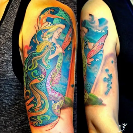 Prompt: sleeve tattoo with mermaids and exotic fish swimming illustration-n 4