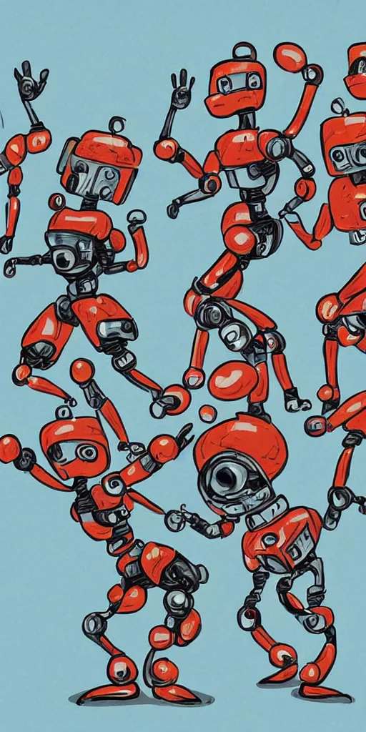 Image similar to extremely happy dancing robots, expressive