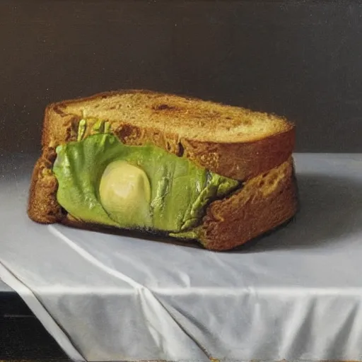 Image similar to still life by willem claesz heda, avocado toast, money