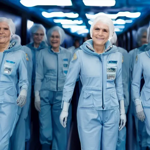 Image similar to troop of 9 0 year old women with white bob hairdos, tight light blue neopren pilot suits, futuristic cloning facility, sci - fi, highly detailed, cinematic