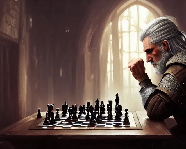 Image similar to 5 5 mm portrait photo of geralt playing chess. magical atmosphere. art by greg rutkowski. highly detailed 8 k. intricate. lifelike. soft light. nikon d 8 5 0.