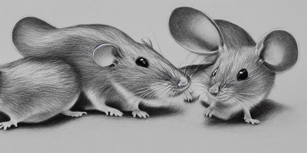 Image similar to a beautiful pencil drawing of exactly four!!!!! cartoon mice; masterpiece; extremely highly detailed; ultra-realistic; trending on artstation