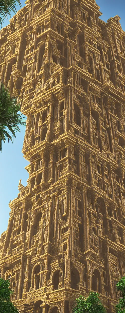 Image similar to photorealistic eye level view of a contemporary babylon tower, golden intricate details, stone facade, sacred ancient architecture, hanging gardens, cascading highrise, arid mountains with lush palm forest, sunlight, post - production, octane, cgi, sfx