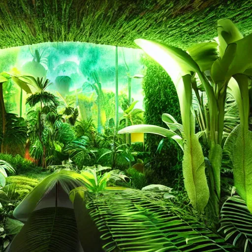 Image similar to « low luminosity jungle, luminescent plants, far view, detailed »