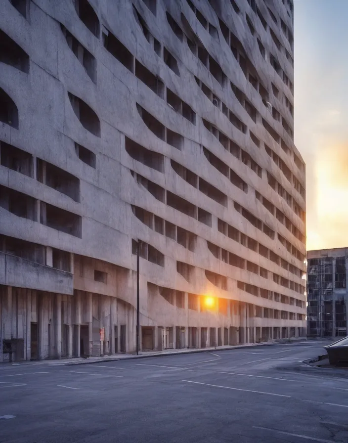 Image similar to brutalist architecture streetscapes stunning volumetric lighting sunset