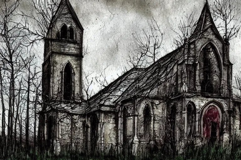 Image similar to mad horror painting of a old church in the woods by ben templesmith