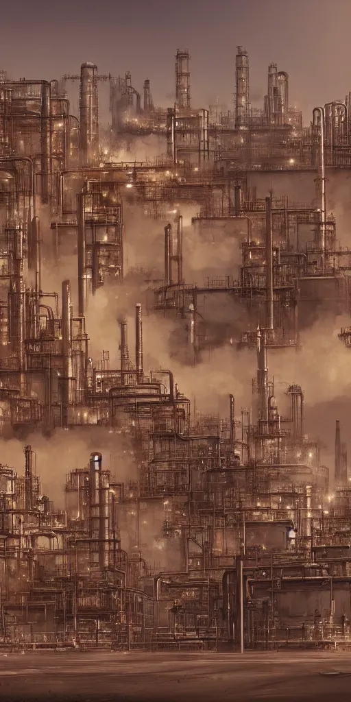 Prompt: large oil refinery in the desert, fire, dust storm, futuristic, cyberpunk theme, high detail, trending on art station