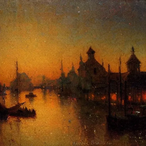 Image similar to a small town at twilight, very high detail, painted by gaston bussiere