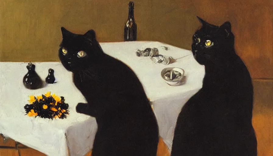 Image similar to painting by borremans, black cat on the table with black flowers, detailed, stunning