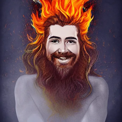 Prompt: art made of fire of a flawless man with long hair, with trimmed beard, smiling widely. fire in a shape of a man, extremely detailed, award-winning art, trending on Artstation