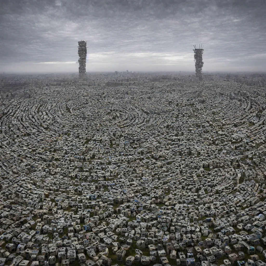 Image similar to a circular tower, made up of makeshift squatter shacks, dystopia, sony a 7 r 3, f 1 1, fully frontal view, photographed by andreas gursky