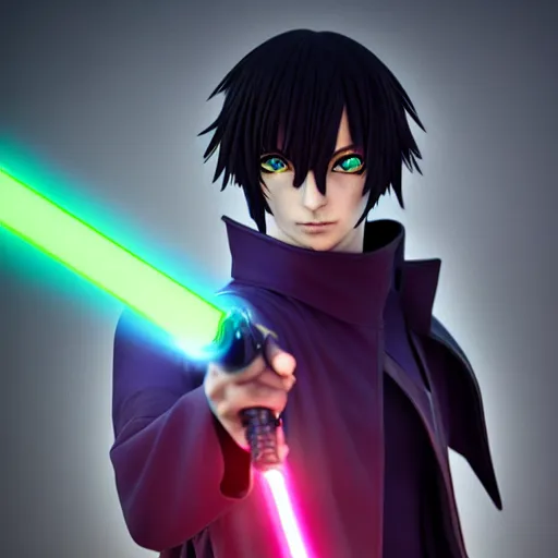 Image similar to Lelouch Lamperouge holding a lightsaber, mysterious man, octane 8k, aesthetic cyberpunk, lightsaber duel, veautiful reflections, octane render, purple lightsaber, fighting stance, beautiful man face