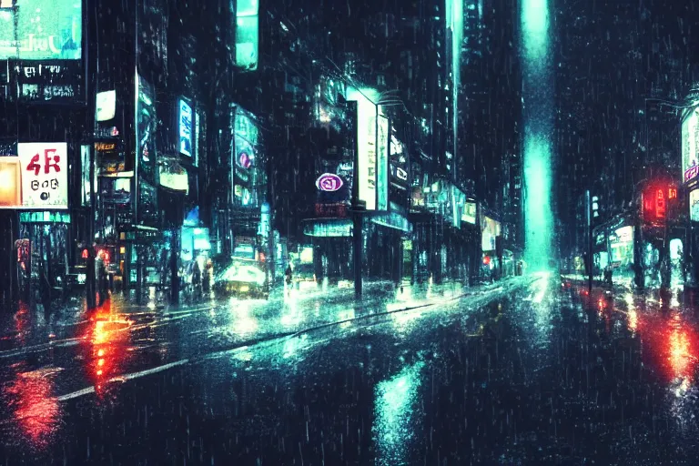Image similar to driving rain, rainy night city street, traffic headlights, bustling with people, street lights, neon, reflections, cyberpunk vibe, photographic realism, ridley scott, driving rain, thick atmosphere,