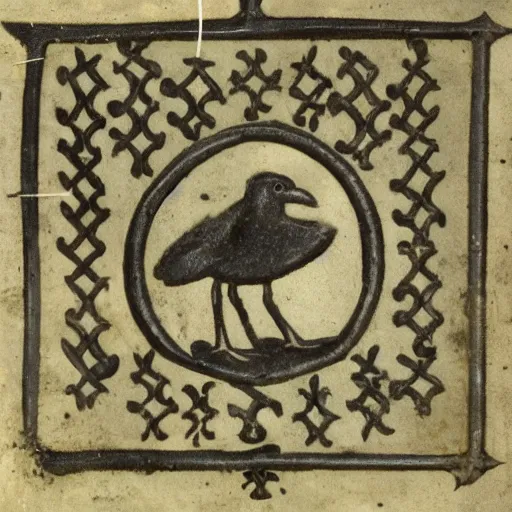 Prompt: a medieval logo illustrating a crow made out of metal