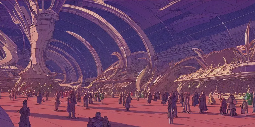 Image similar to cel shaded cinematic shot of the interior of a sci-fi space station with ornate Elven architecture bustling with people, epic castle, emerald, crystalline, detailed illustration, sharp focus, concept art by Moebius, Jean Giraud Moebius
