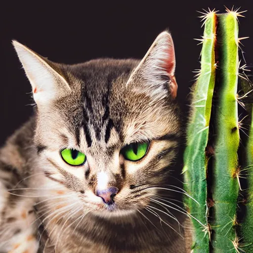 Image similar to A real photograph of a cat licking a cactus, close view, studio lighting, DSLR