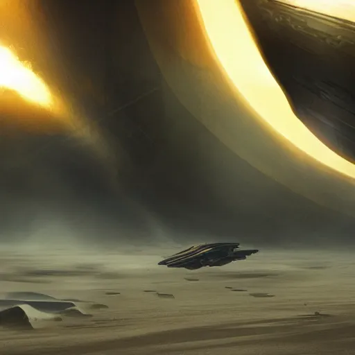 Prompt: sci - fi spaceship in combat, in planet atmosphere and dense fog, explosions, highly detailed, dune scene, denis villeneuve