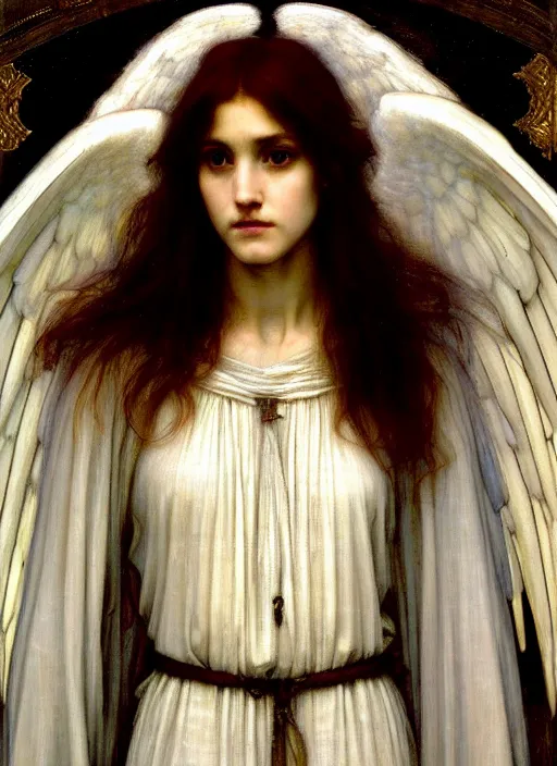 Image similar to portrait of beautiful archangel in white robes, pre - raphaelite painting by john william waterhouse, trending on art station. highly detailed, symmetrical face.