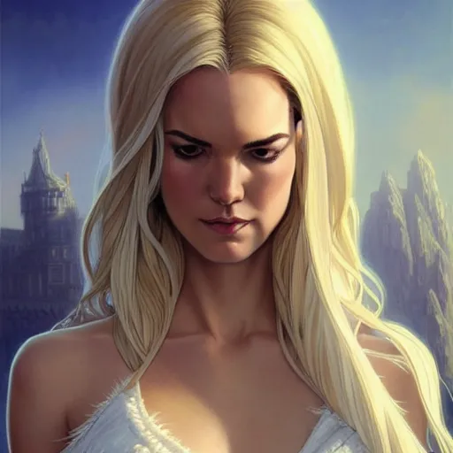 Image similar to Odette Annable with blonde hair as Emma Frost, western, D&D, fantasy, intricate, elegant, highly detailed, digital painting, artstation, concept art, matte, sharp focus, illustration, art by Artgerm and Greg Rutkowski and Alphonse Mucha